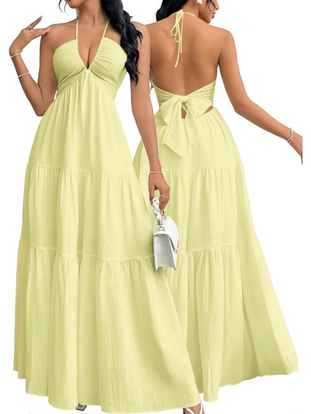 Women's Maxi Summer Dresses Yellow Halter V Neck Beach Dresses A-Line Dress